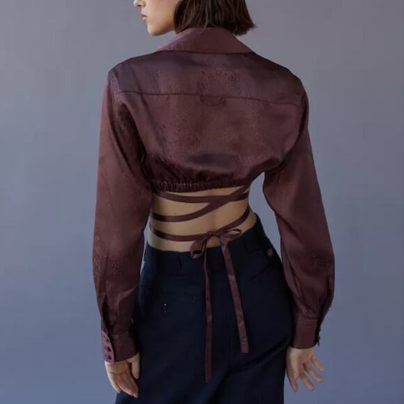 Urban Outfitters Hooked-Up Satin Cropped Top Adjustable Tie Waist Brown Size M - Picture 6 of 12